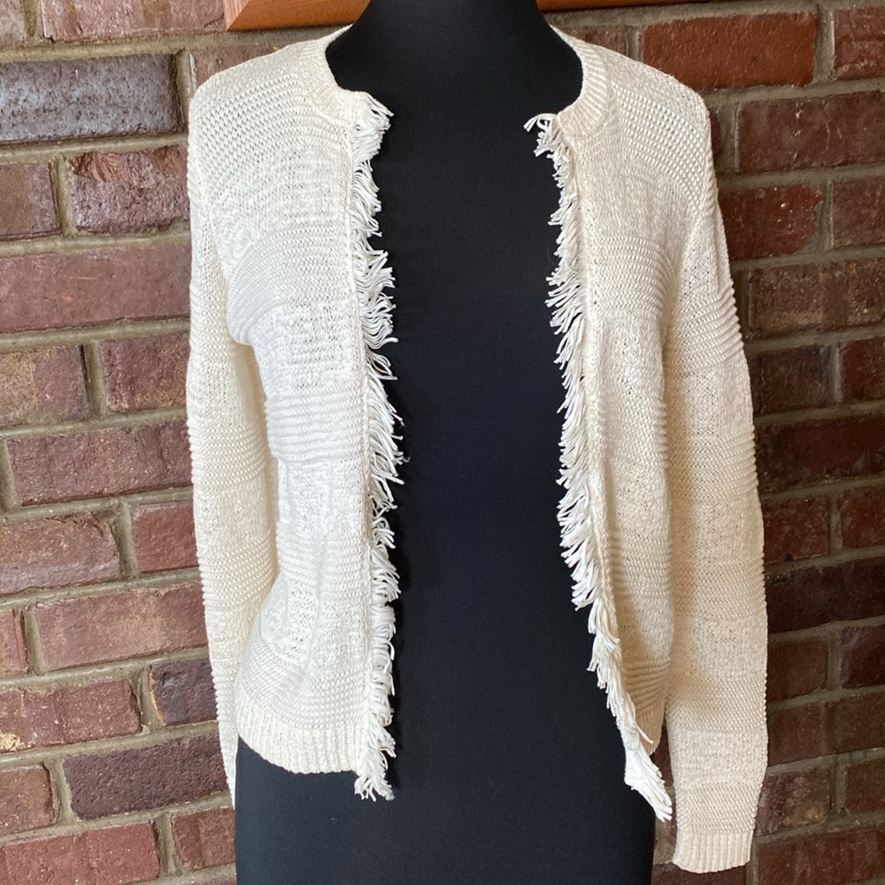 Ann Taylor Loft cream open knit open‎ front striped cardigan